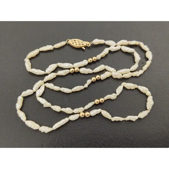 Vintage Freshwater Rice Pearl Necklace 17" w/ 14K Gold Bead Spacers & Clasp - Picture 6 of 12
